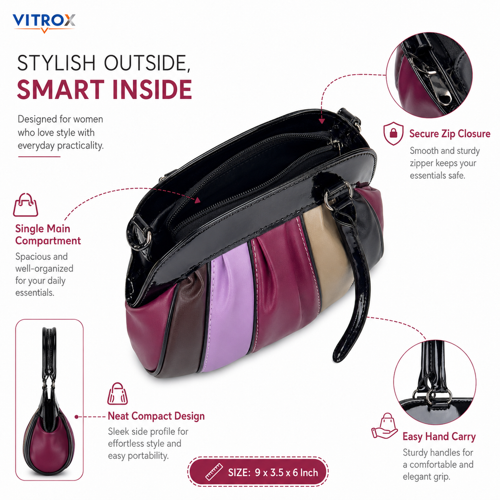 Vitrox Multicolour Glossy Ladies Handbag – 8.5 x 3 x 6 Inch Stylish Hand Carry Bag