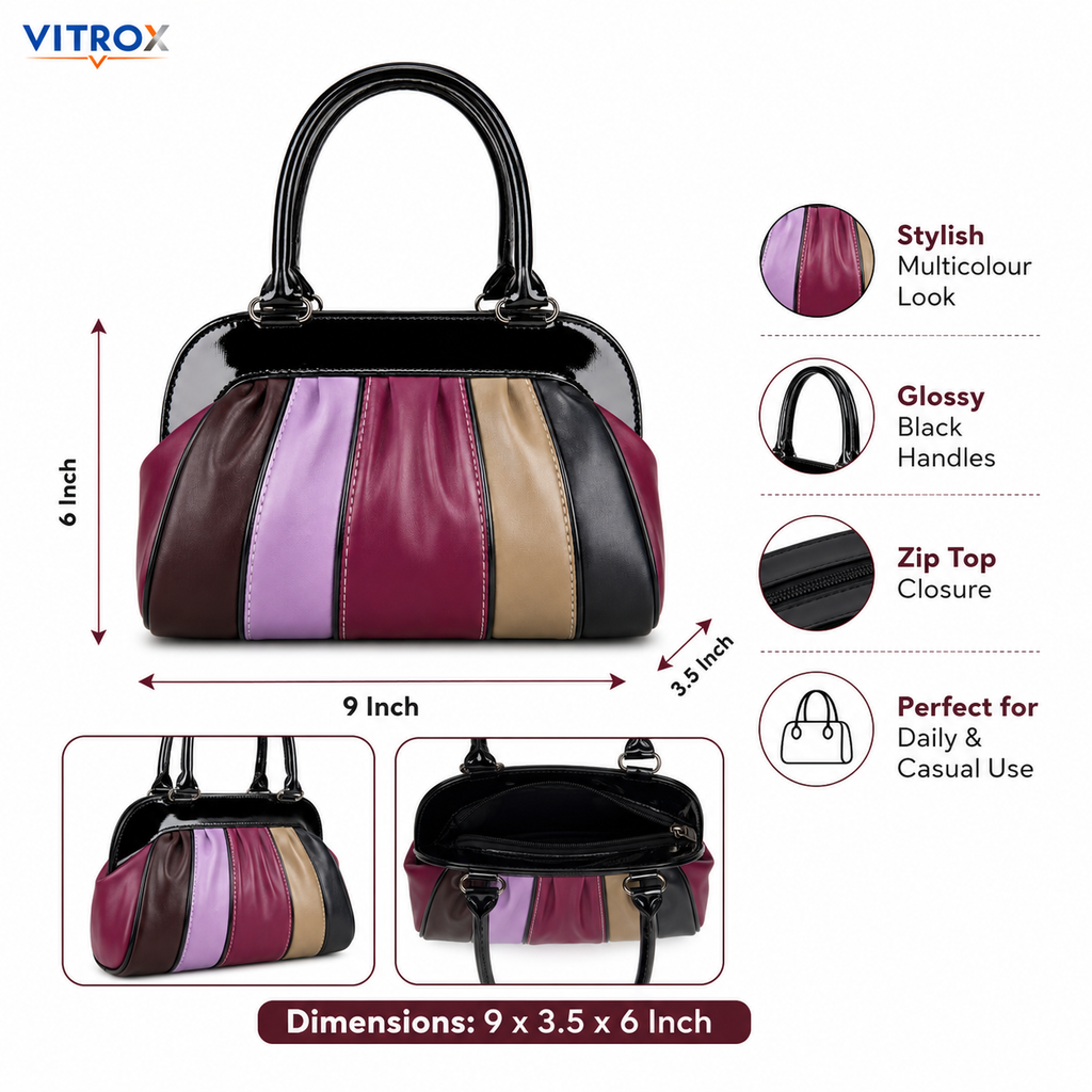 Vitrox Multicolour Glossy Ladies Handbag – 8.5 x 3 x 6 Inch Stylish Hand Carry Bag