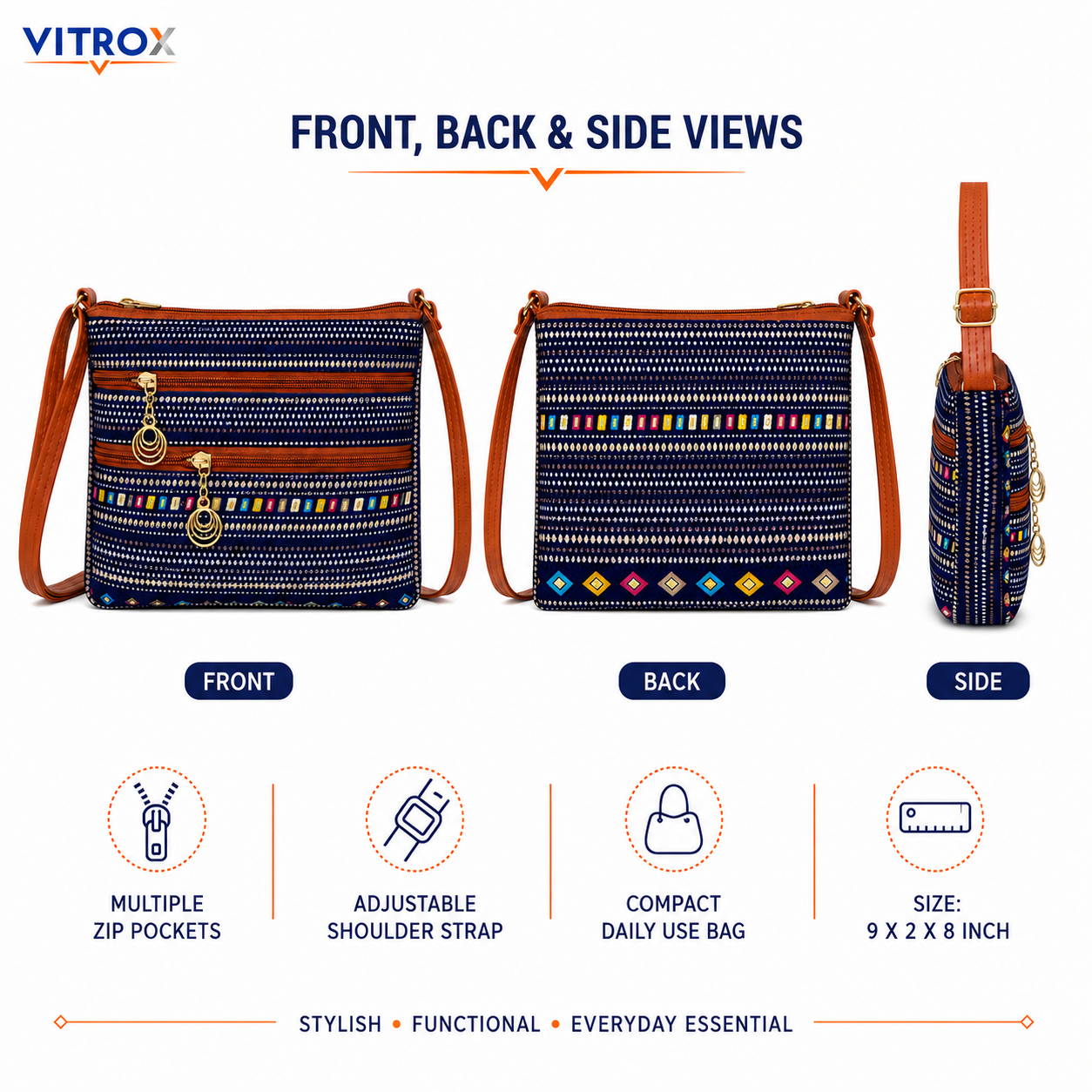 Vitrox Ladies Printed Sling Bag – Navy Blue Multicolor Crossbody Bag