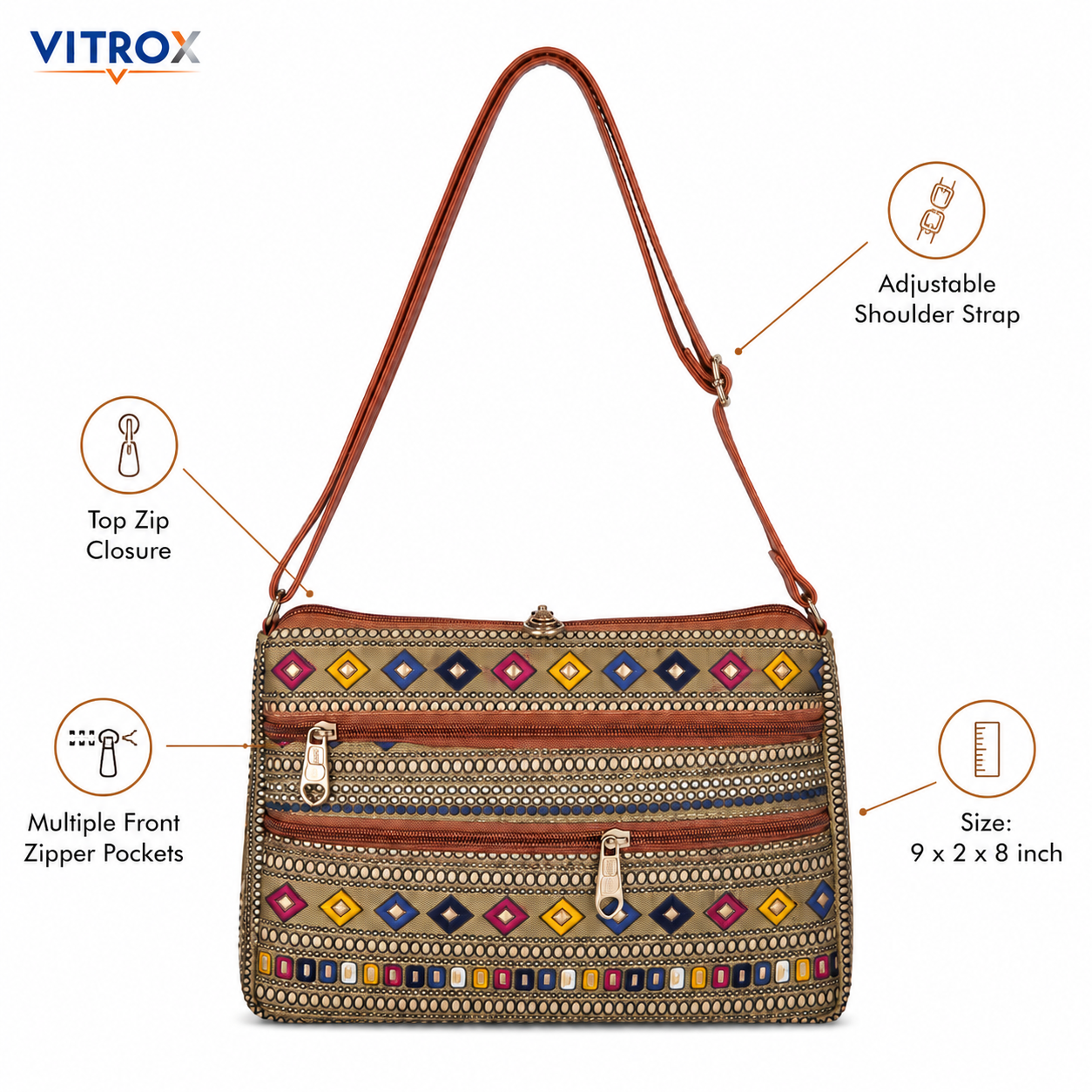 Vitrox Multicolor Printed Ladies Sling Bag with Adjustable Shoulder Strap