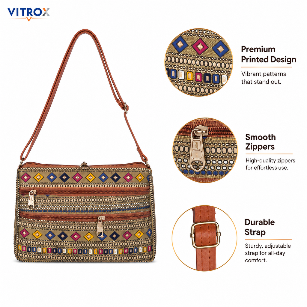 Vitrox Multicolor Printed Ladies Sling Bag with Adjustable Shoulder Strap