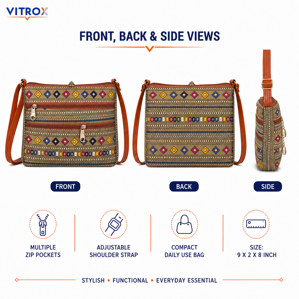 Vitrox Multicolor Printed Ladies Sling Bag with Adjustable Shoulder Strap