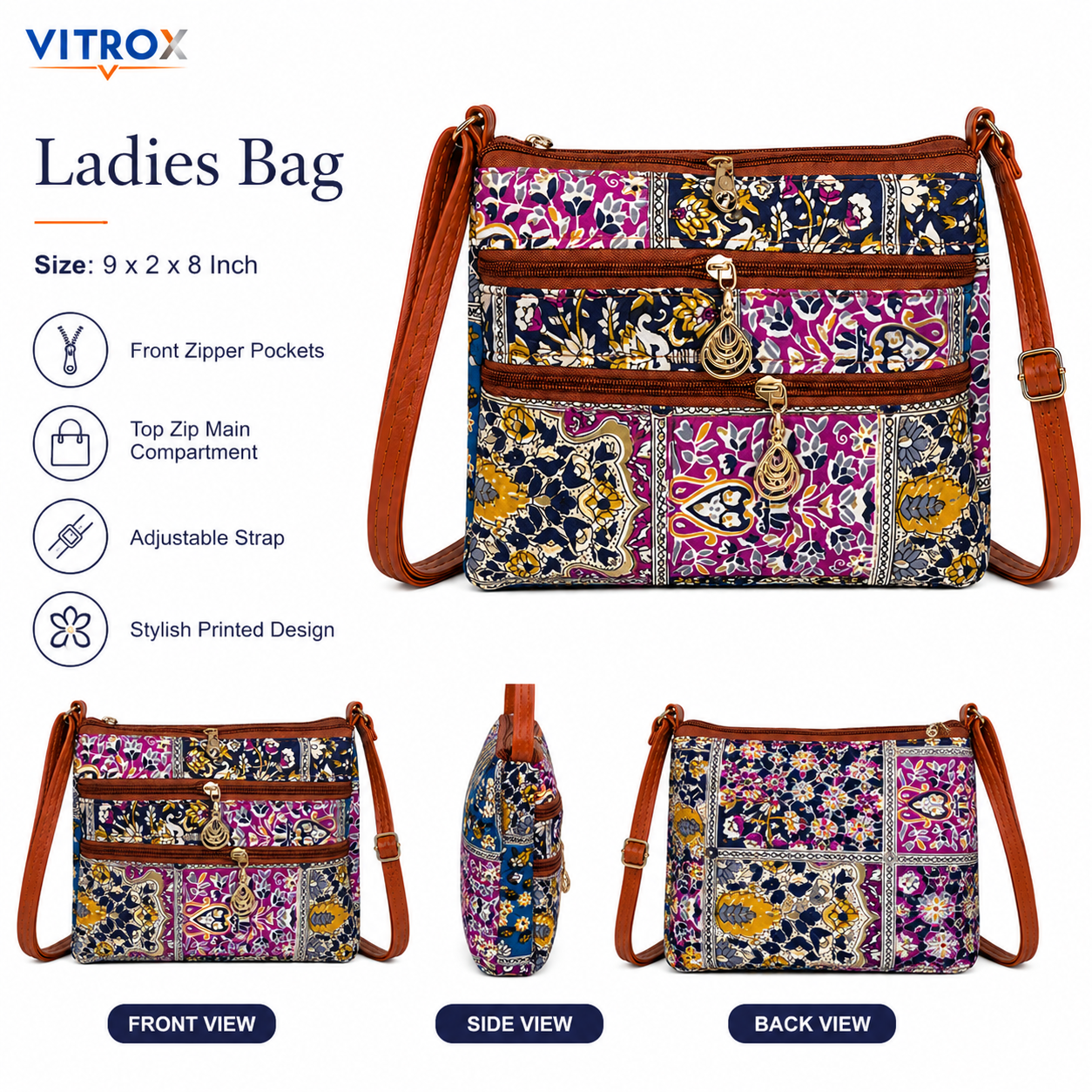 Vitrox Ladies Multicolour Printed Shoulder Bag - Stylish Daily Use Handbag