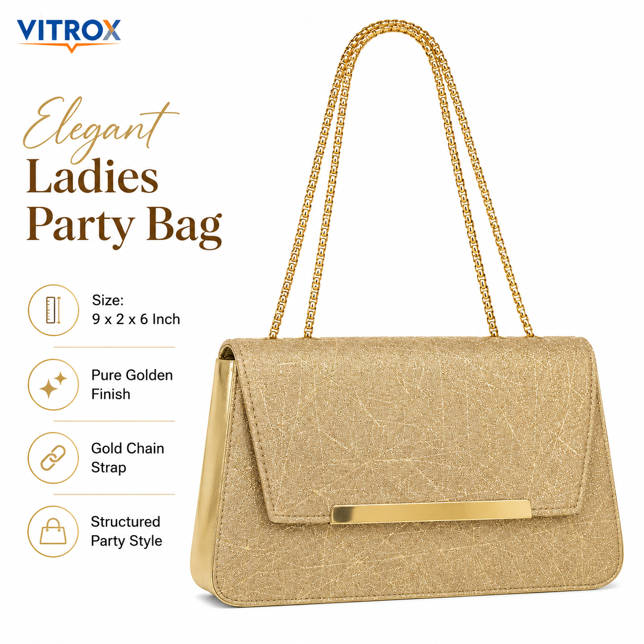 Vitrox Pure Golden Ladies Party Bag – Elegant Chain Strap Evening Handbag
