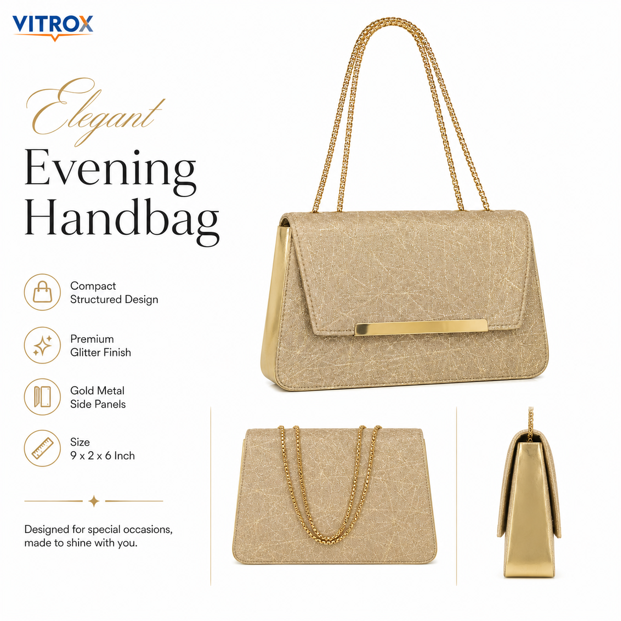 Vitrox Pure Golden Ladies Party Bag – Elegant Chain Strap Evening Handbag