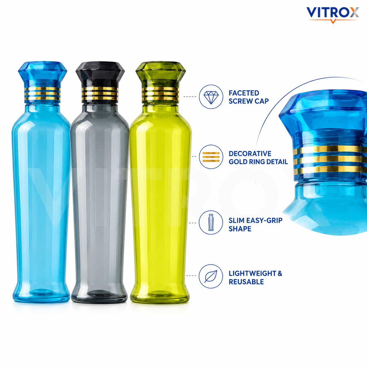 Vitrox 3-Piece Paris fridge bottle  (1000 ml) | Reusable Multi Colour Bottles