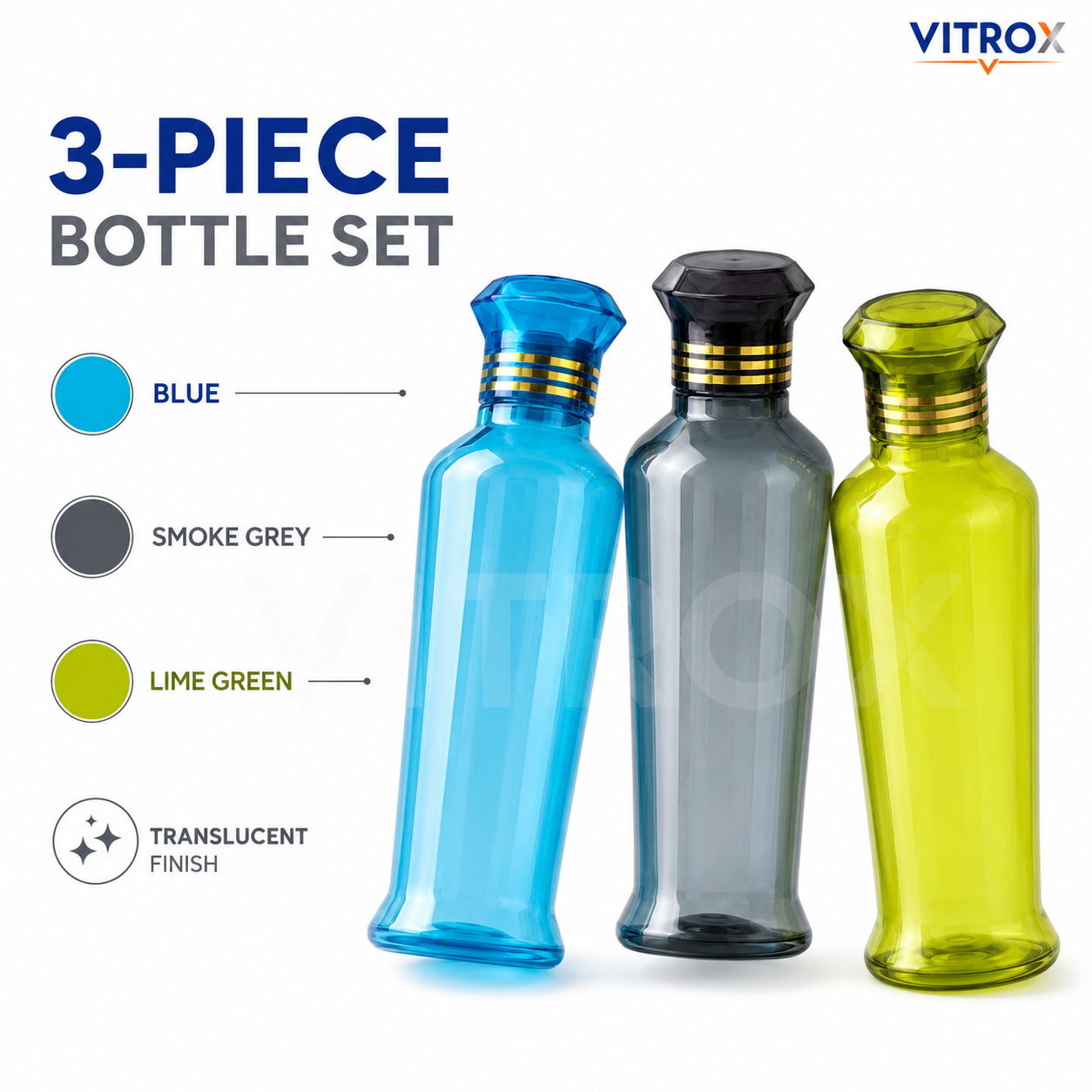 Vitrox 3-Piece Paris fridge bottle  (1000 ml) | Reusable Multi Colour Bottles
