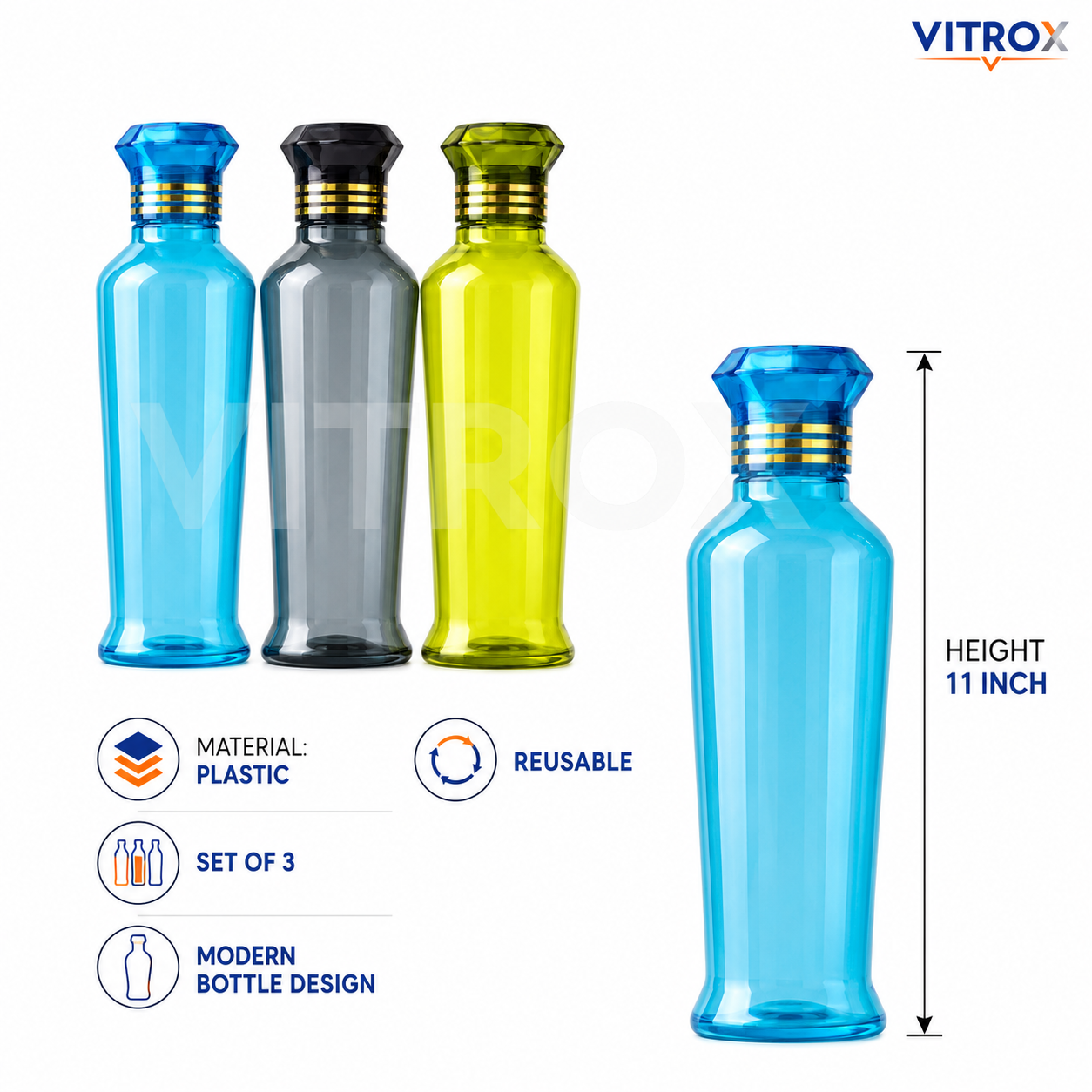 Vitrox 3-Piece Paris fridge bottle  (1000 ml) | Reusable Multi Colour Bottles