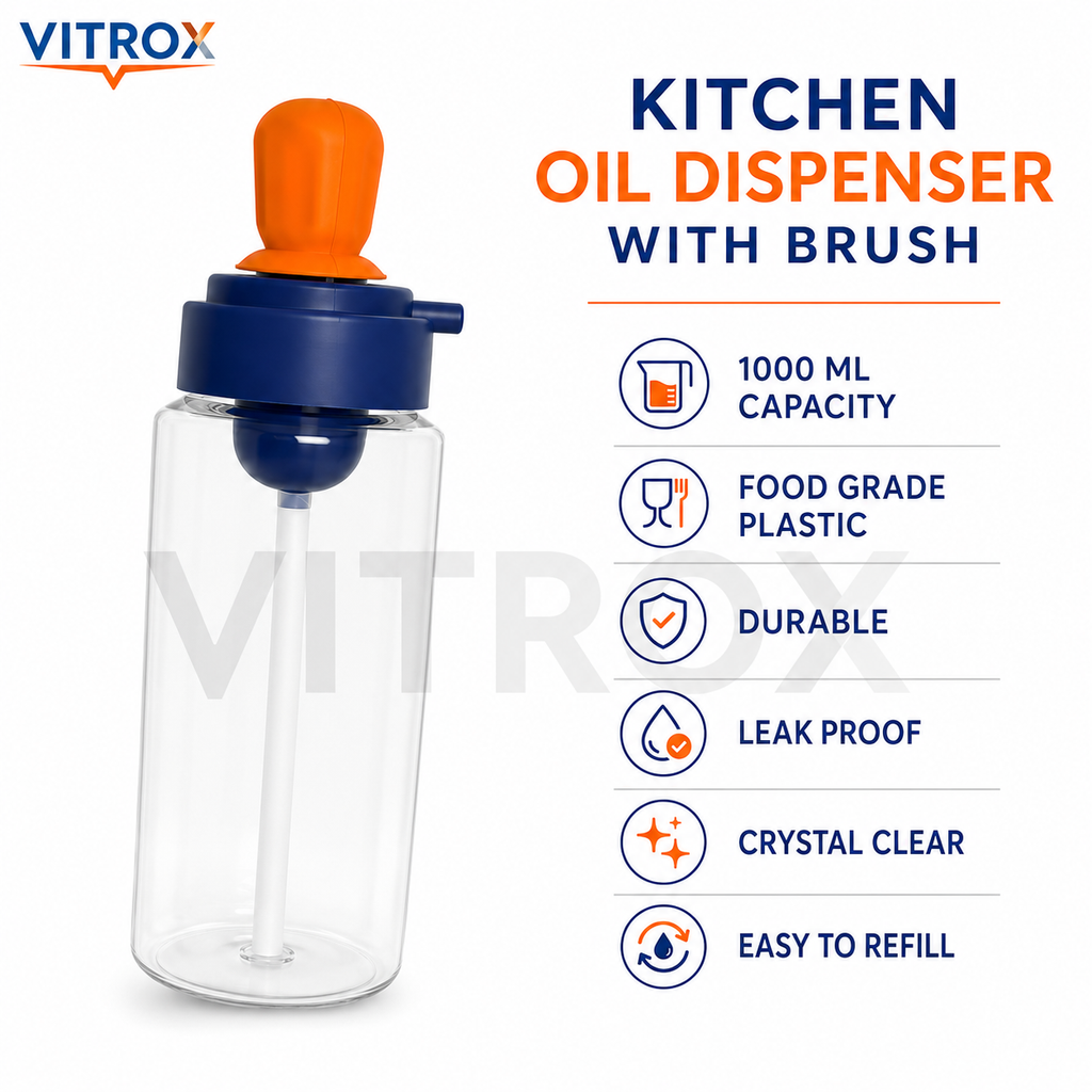 Kitchen Oil Dispenser with Brush – 1000ml Plastic Oil Bottle with Silicone Brush, Easy Pour & Refill