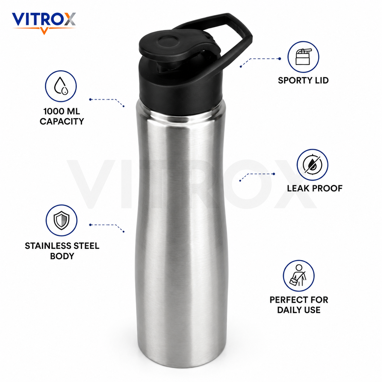 Stainless Steel Water Bottle | Sporty Lid, Leak Proof, Food Grade Bottle for Gym, Office & Travel – Steel Finish