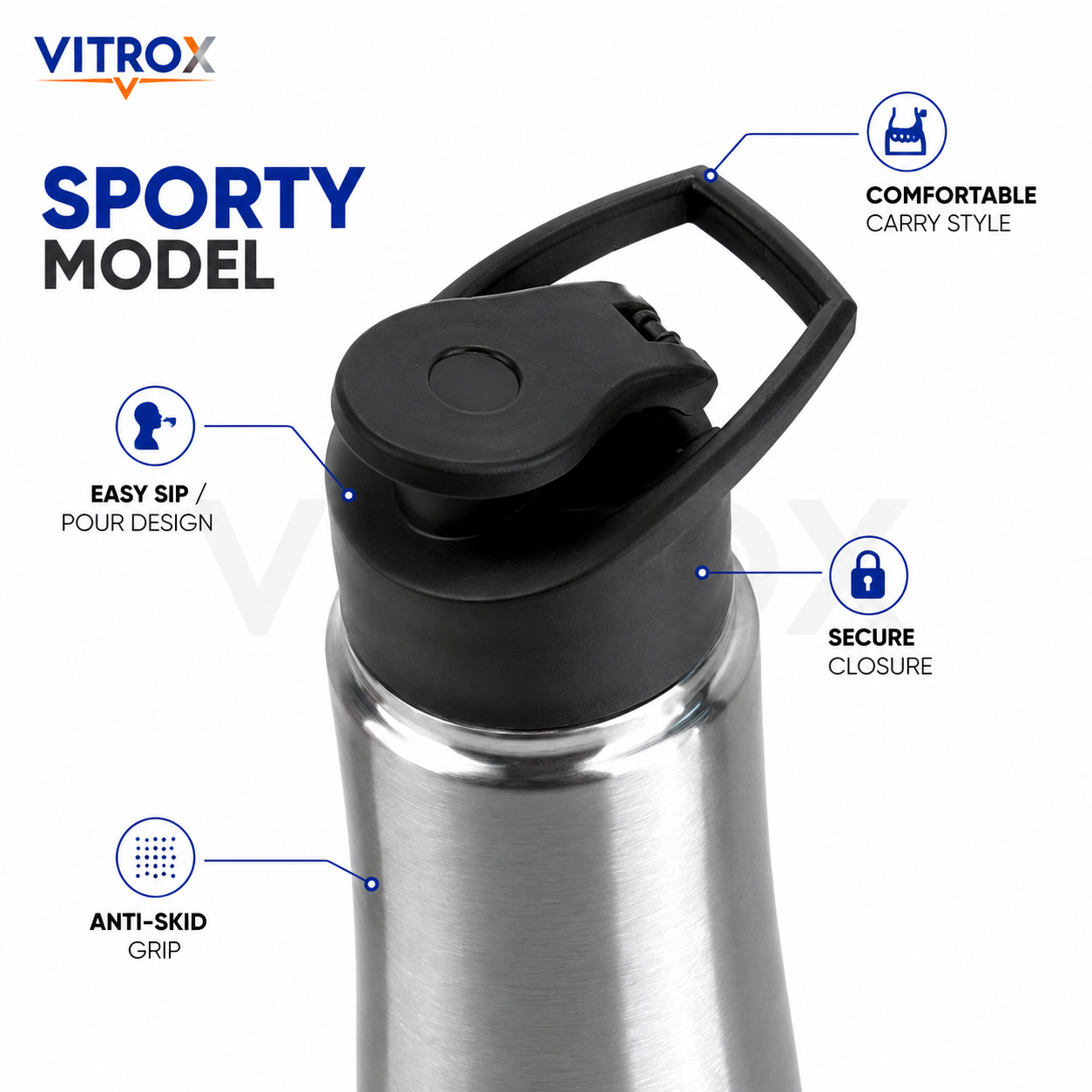 Stainless Steel Water Bottle | Sporty Lid, Leak Proof, Food Grade Bottle for Gym, Office & Travel – Steel Finish
