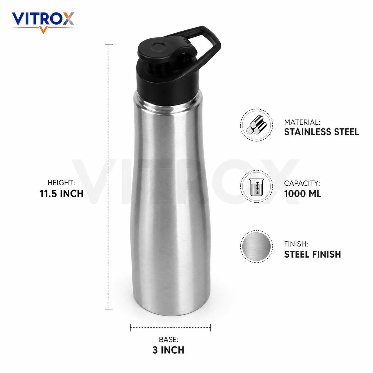 Stainless Steel Water Bottle | Sporty Lid, Leak Proof, Food Grade Bottle for Gym, Office & Travel – Steel Finish