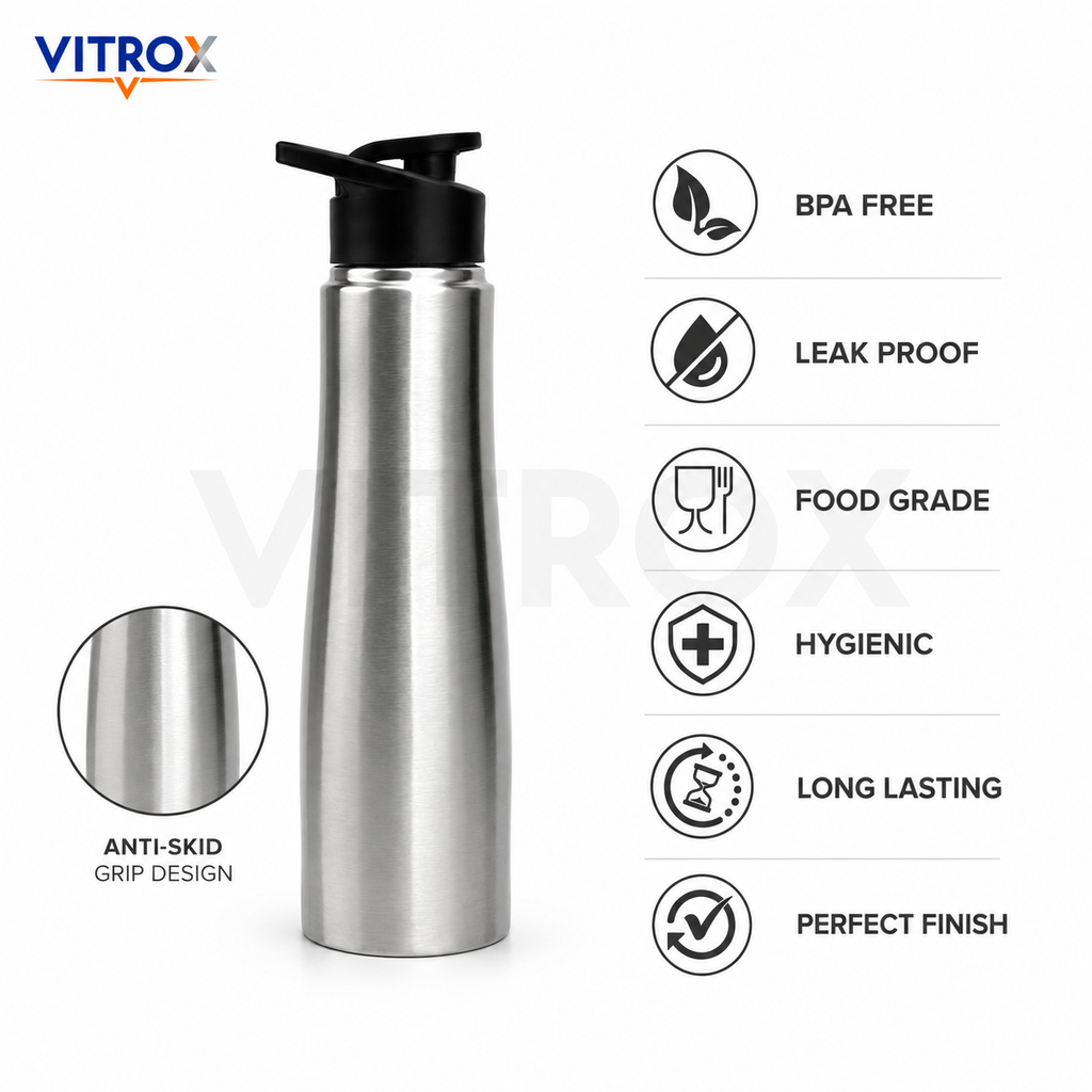 Stainless Steel Water Bottle | Sporty Lid, Leak Proof, Food Grade Bottle for Gym, Office & Travel – Steel Finish