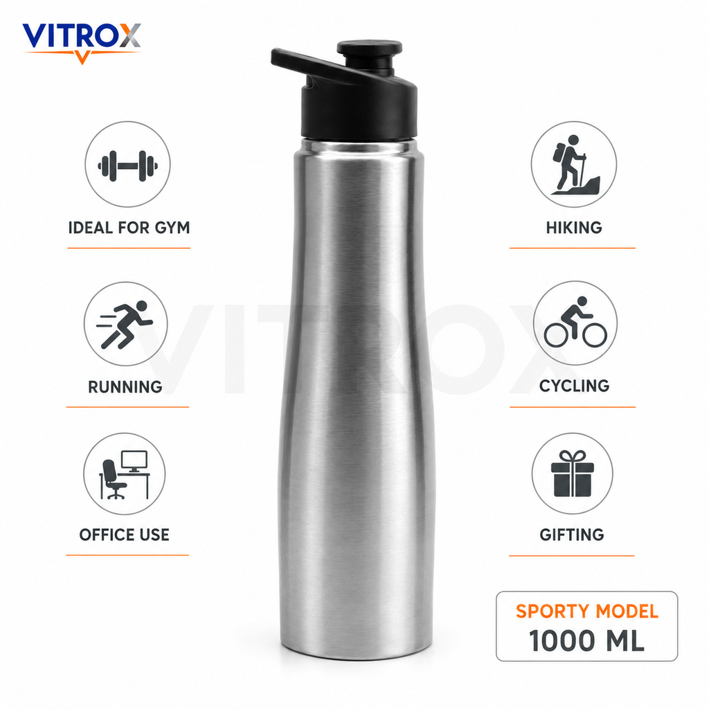 Stainless Steel Water Bottle | Sporty Lid, Leak Proof, Food Grade Bottle for Gym, Office & Travel – Steel Finish