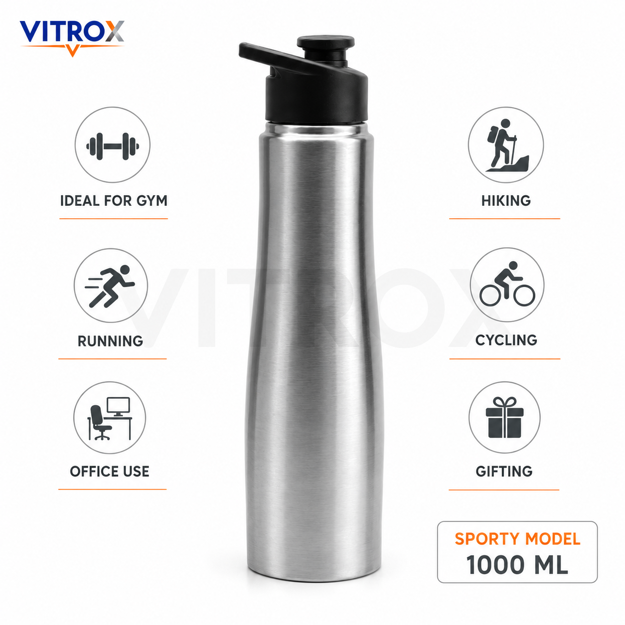 Stainless Steel Water Bottle | Sporty Lid, Leak Proof, Food Grade Bottle for Gym, Office & Travel – Steel Finish