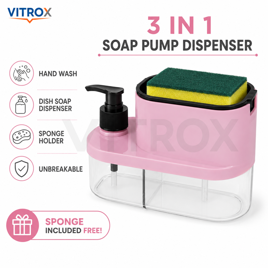 Vitrox 3-in-1 Soap Pump Dispenser with Sponge Holder | Plastic Dish Soap Dispenser for Kitchen Sink | Pink |