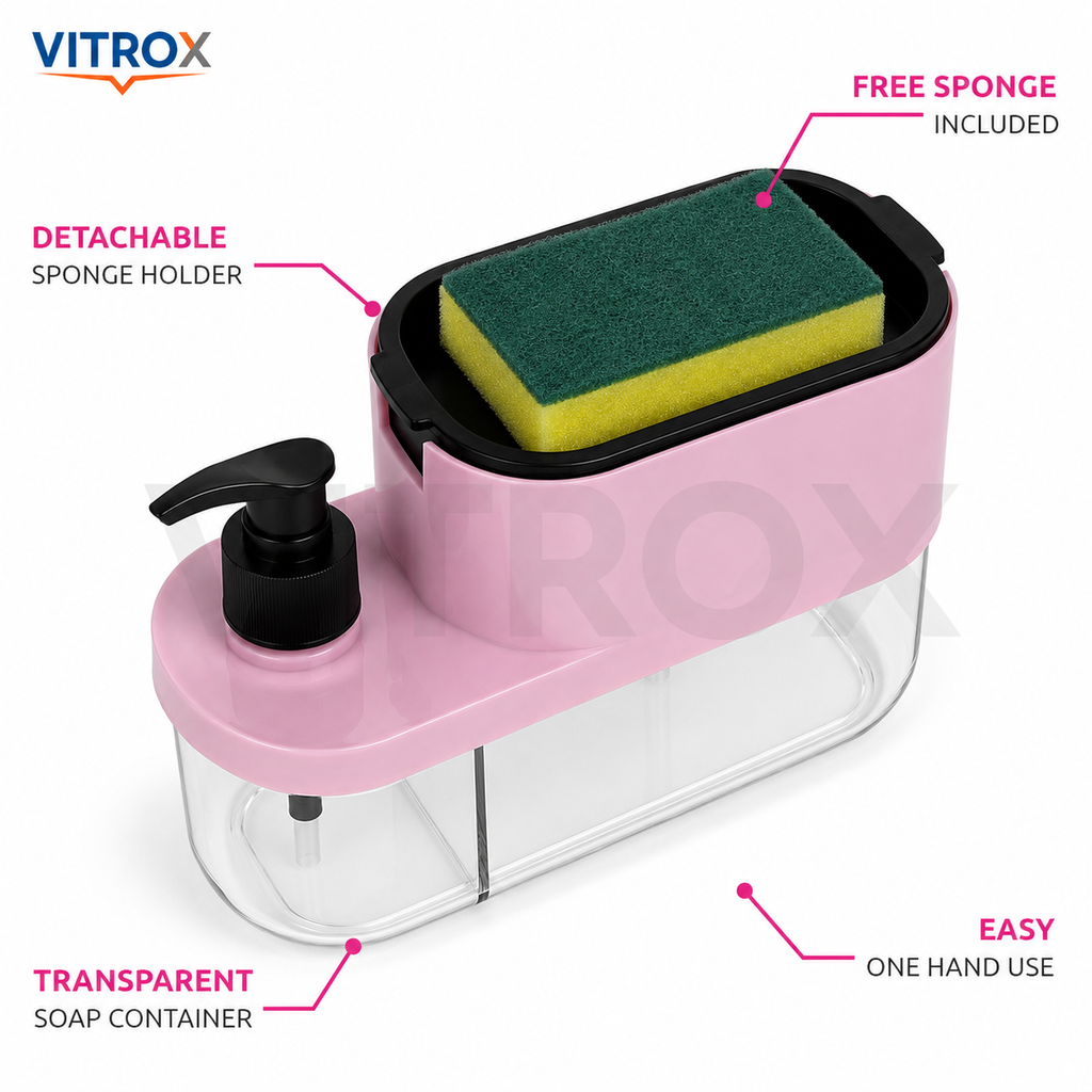 Vitrox 3-in-1 Soap Pump Dispenser with Sponge Holder | Plastic Dish Soap Dispenser for Kitchen Sink | Pink |