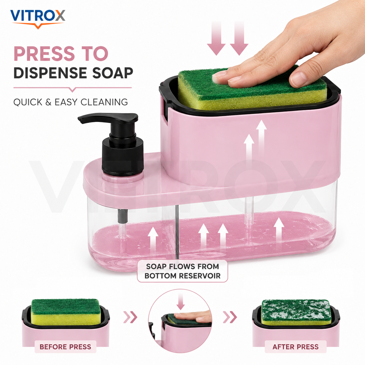 Vitrox 3-in-1 Soap Pump Dispenser with Sponge Holder | Plastic Dish Soap Dispenser for Kitchen Sink | Pink |
