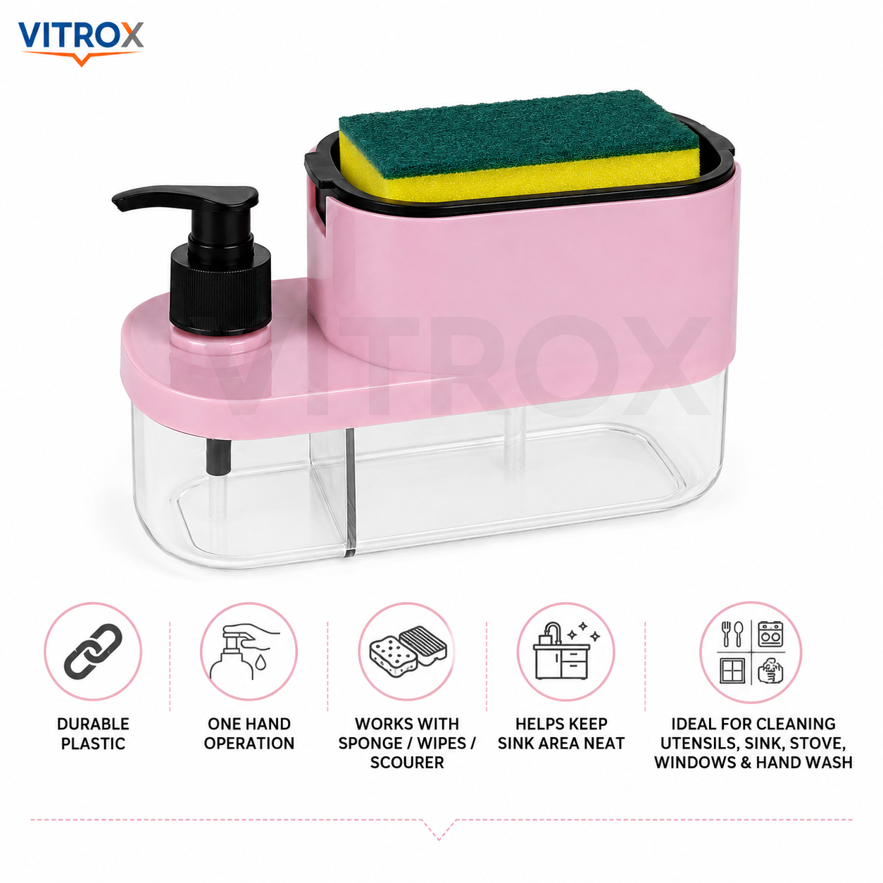 Vitrox 3-in-1 Soap Pump Dispenser with Sponge Holder | Plastic Dish Soap Dispenser for Kitchen Sink | Pink |