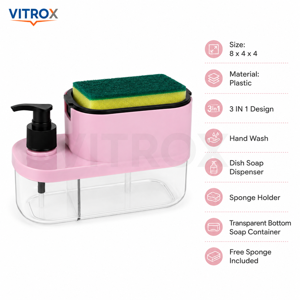 Vitrox 3-in-1 Soap Pump Dispenser with Sponge Holder | Plastic Dish Soap Dispenser for Kitchen Sink | Pink |