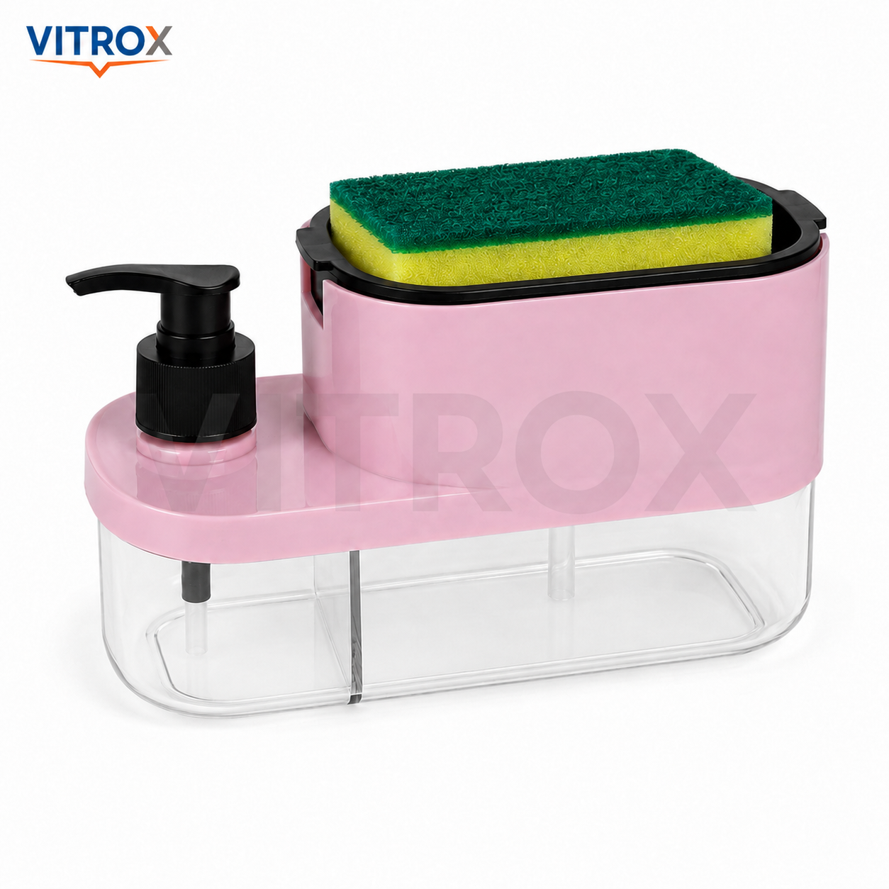 Vitrox 3-in-1 Soap Pump Dispenser with Sponge Holder | Plastic Dish Soap Dispenser for Kitchen Sink | Pink |