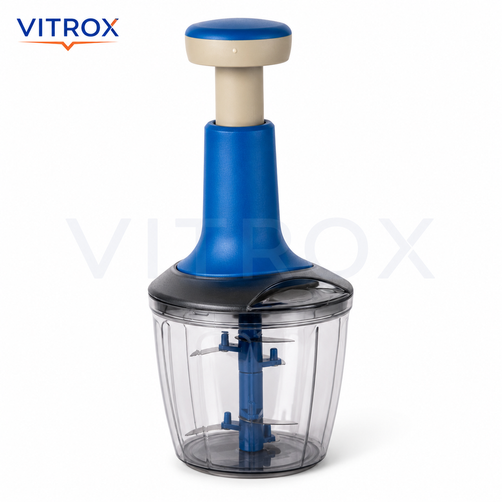 2 in 1 Smoothy Push Chopper – 1000 ML Manual Kitchen Chopper with 6 Stainless Steel Blades & Mixing Attachment | Blue & Beige