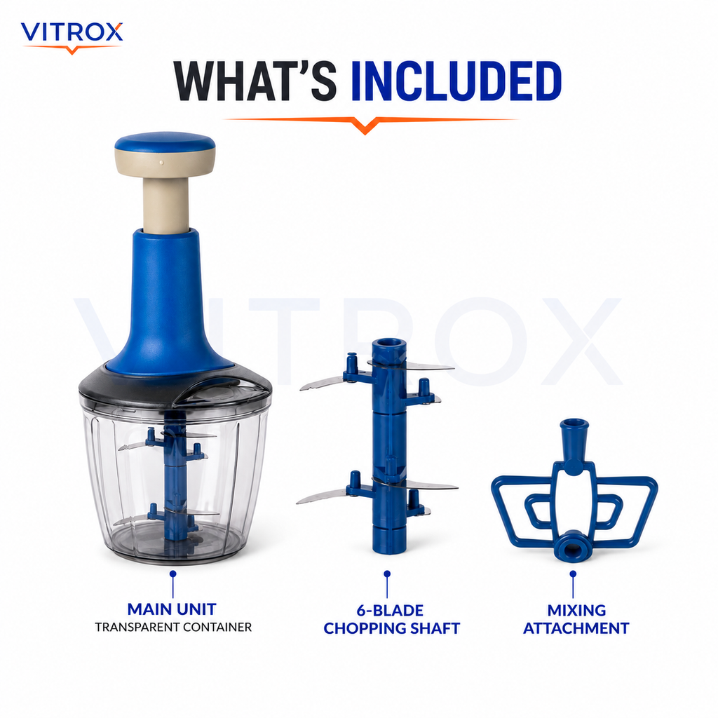 2 in 1 Smoothy Push Chopper – 1000 ML Manual Kitchen Chopper with 6 Stainless Steel Blades & Mixing Attachment | Blue & Beige