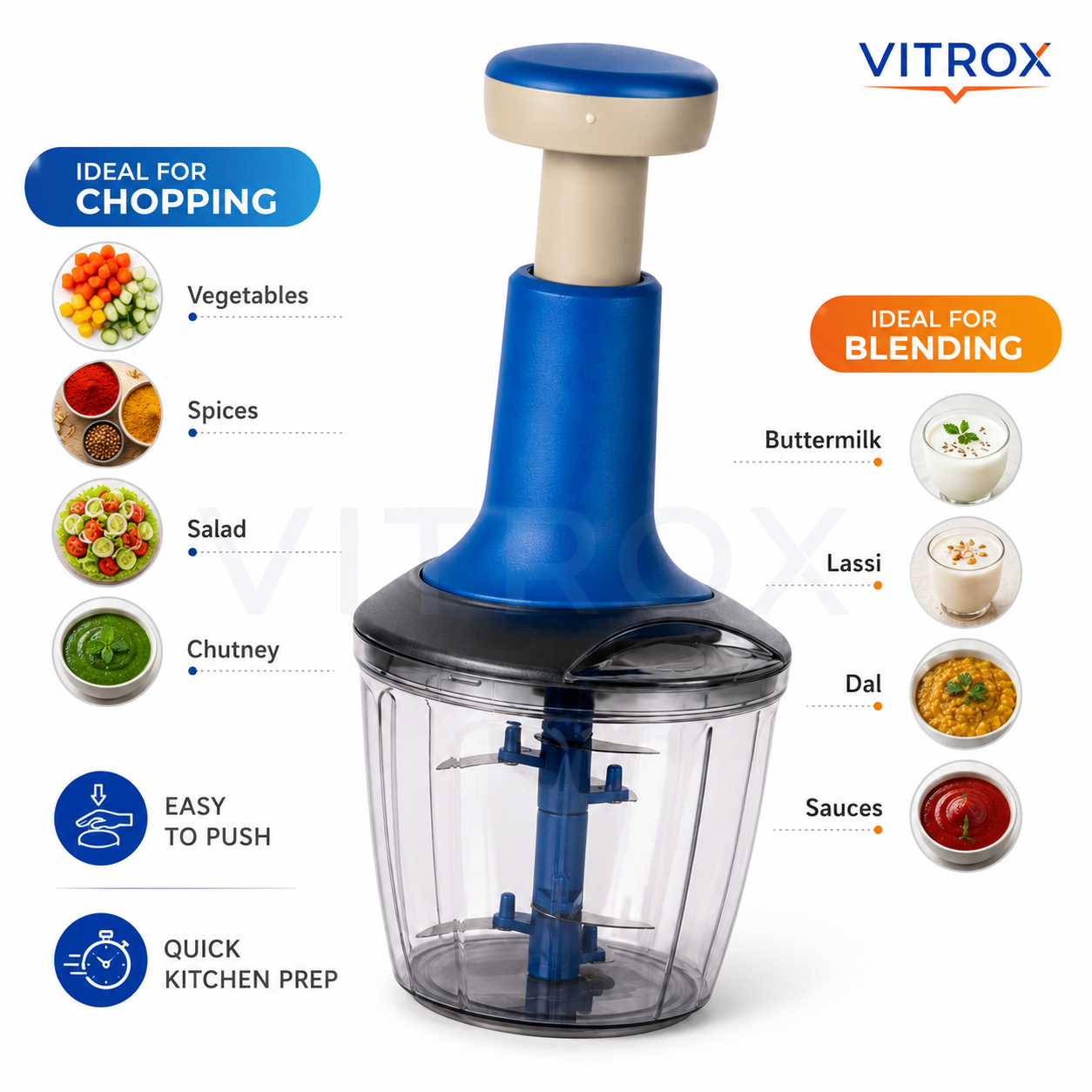 2 in 1 Smoothy Push Chopper – 1000 ML Manual Kitchen Chopper with 6 Stainless Steel Blades & Mixing Attachment | Blue & Beige