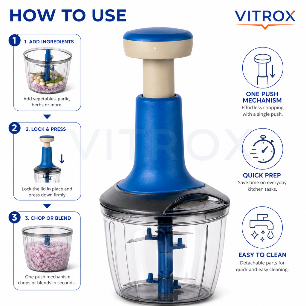 2 in 1 Smoothy Push Chopper – 1000 ML Manual Kitchen Chopper with 6 Stainless Steel Blades & Mixing Attachment | Blue & Beige