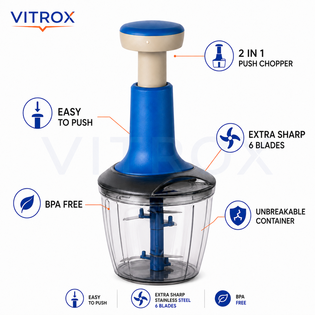 2 in 1 Smoothy Push Chopper – 1000 ML Manual Kitchen Chopper with 6 Stainless Steel Blades & Mixing Attachment | Blue & Beige