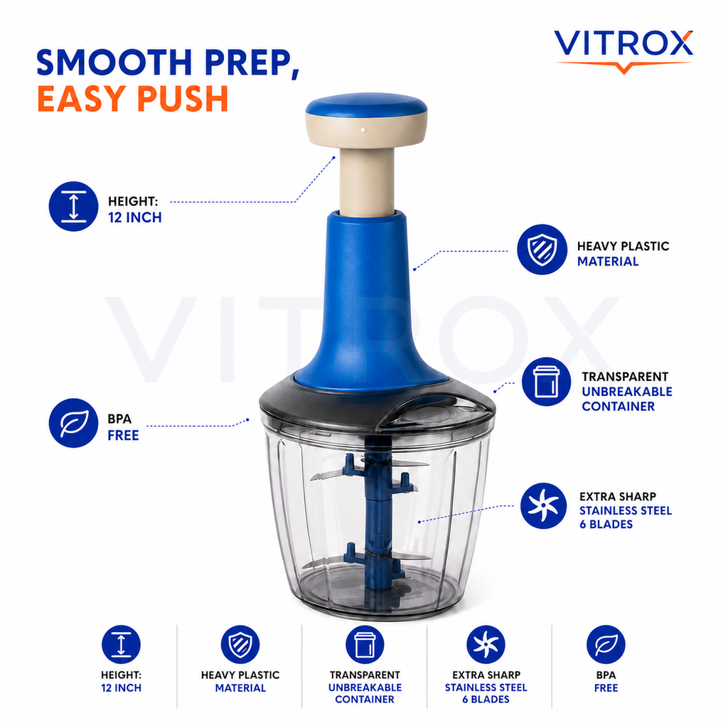2 in 1 Smoothy Push Chopper – 1000 ML Manual Kitchen Chopper with 6 Stainless Steel Blades & Mixing Attachment | Blue & Beige