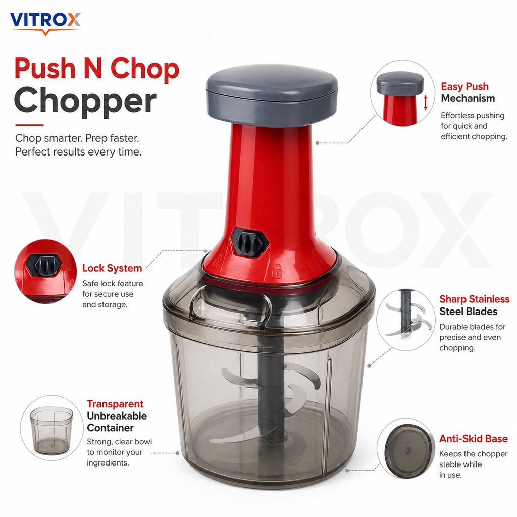 Push N Chop Manual Chopper – Red & Grey 1000 ML Hand Press Kitchen Chopper with Stainless Steel Blades | 12 Inch