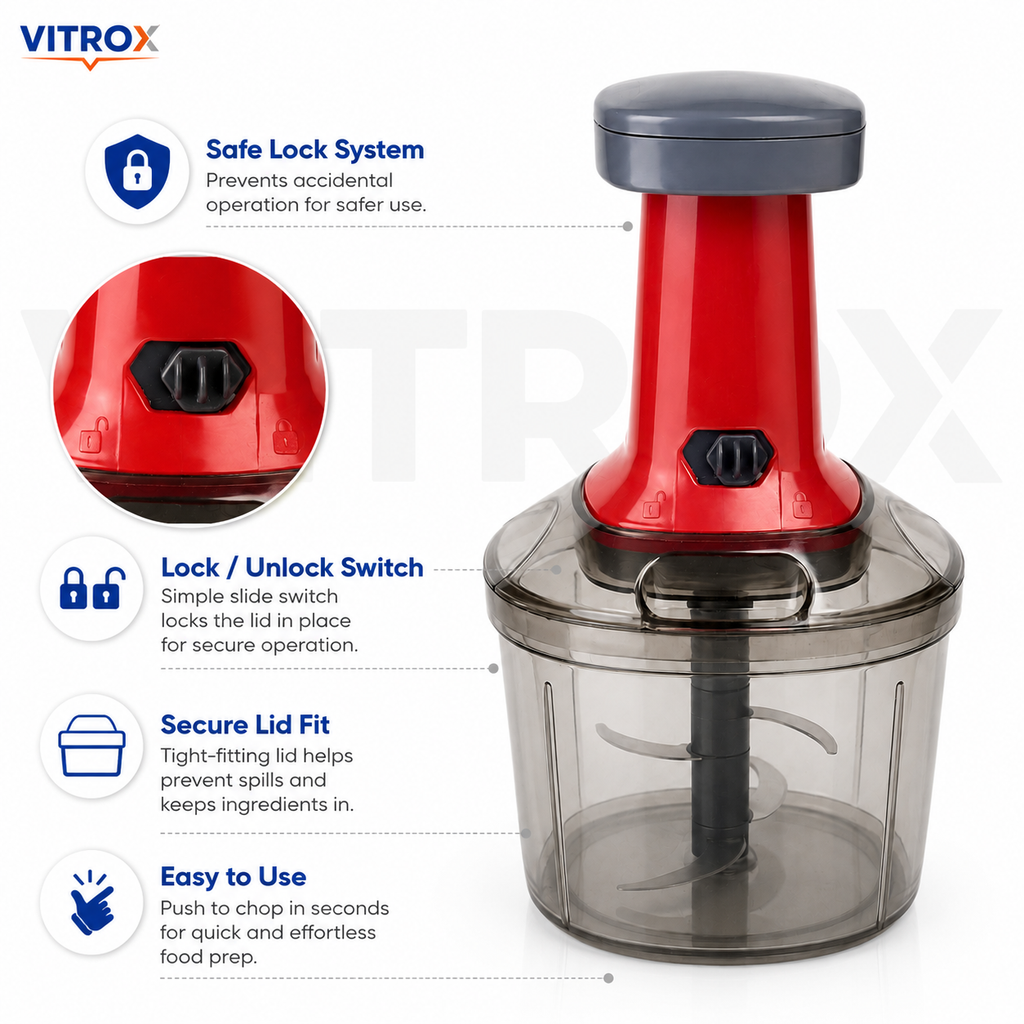 Push N Chop Manual Chopper – Red & Grey 1000 ML Hand Press Kitchen Chopper with Stainless Steel Blades | 12 Inch