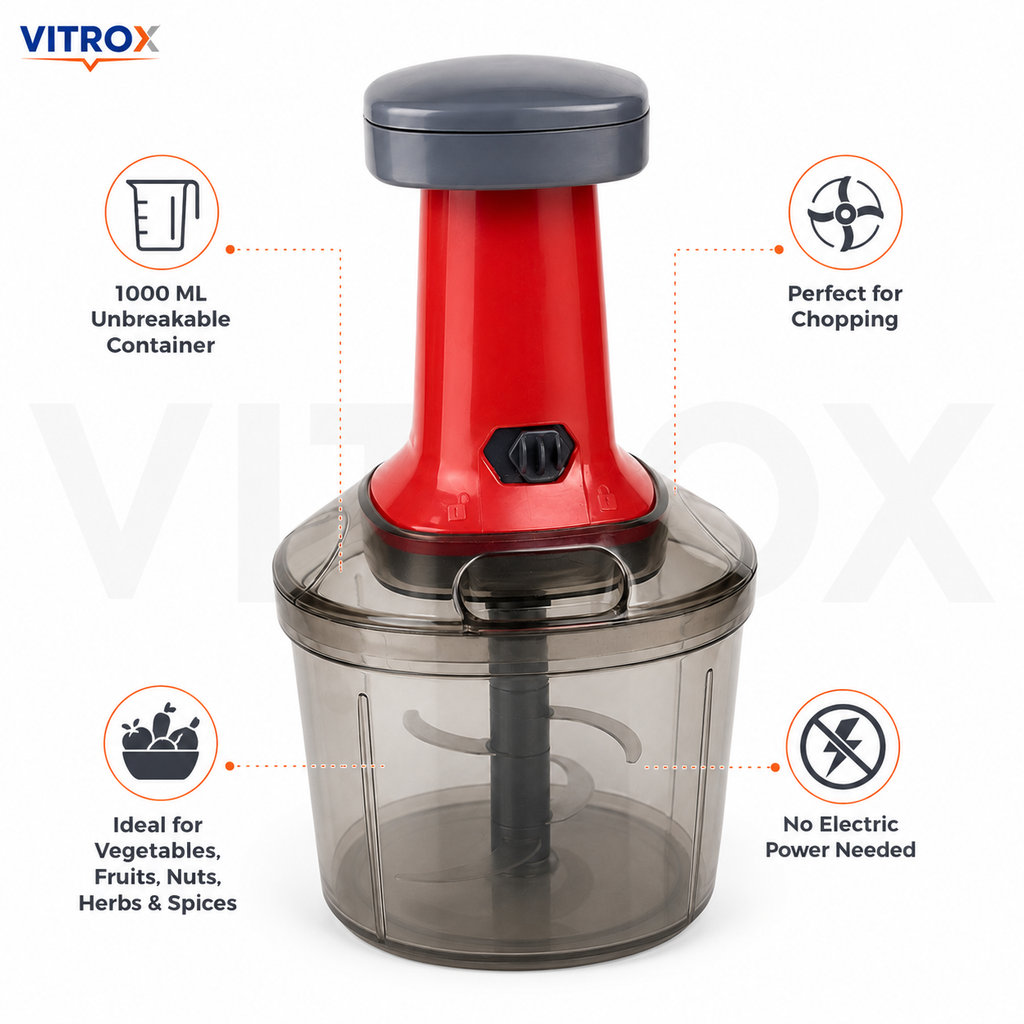 Push N Chop Manual Chopper – Red & Grey 1000 ML Hand Press Kitchen Chopper with Stainless Steel Blades | 12 Inch