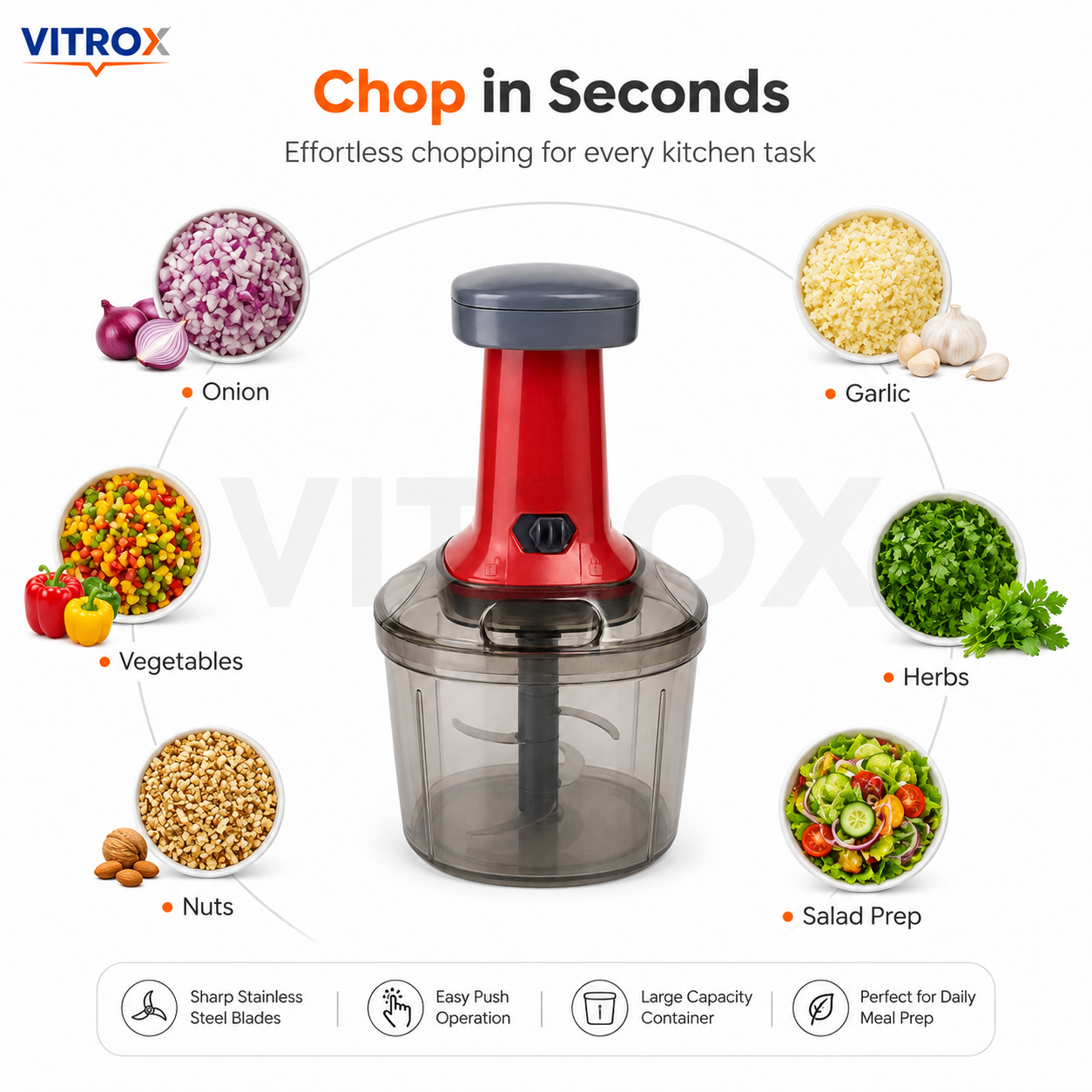 Push N Chop Manual Chopper – Red & Grey 1000 ML Hand Press Kitchen Chopper with Stainless Steel Blades | 12 Inch