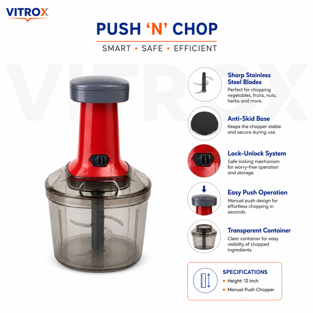 Push N Chop Manual Chopper – Red & Grey 1000 ML Hand Press Kitchen Chopper with Stainless Steel Blades | 12 Inch