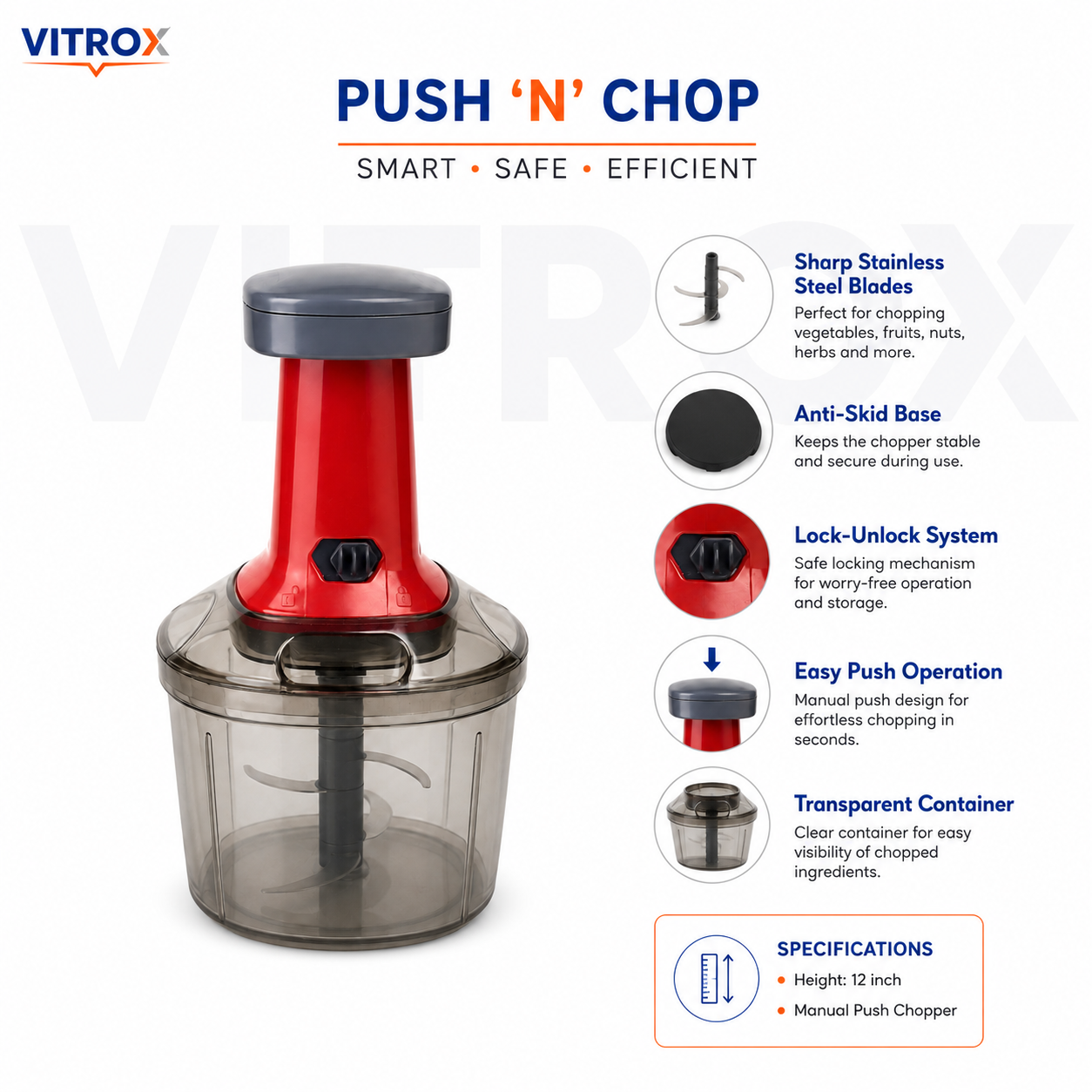 Push N Chop Manual Chopper – Red & Grey 1000 ML Hand Press Kitchen Chopper with Stainless Steel Blades | 12 Inch
