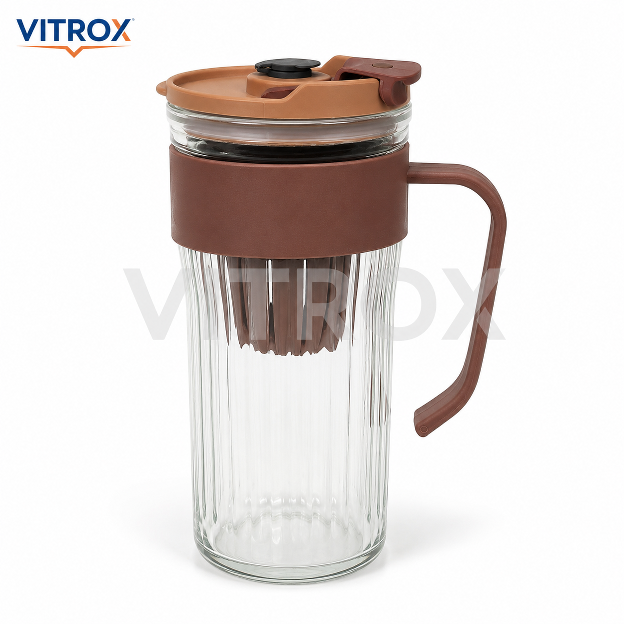 Vitrox Cold Extraction Handle Straw Cup – Brown 580 ML Ribbed Glass Infuser Cup with PP Lid | 12 Inch
