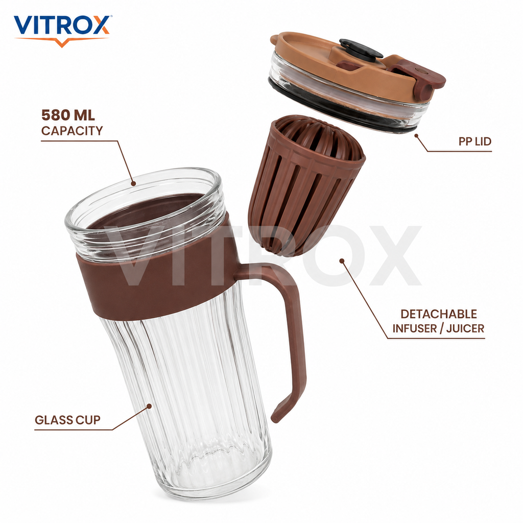 Vitrox Cold Extraction Handle Straw Cup – Brown 580 ML Ribbed Glass Infuser Cup with PP Lid | 12 Inch