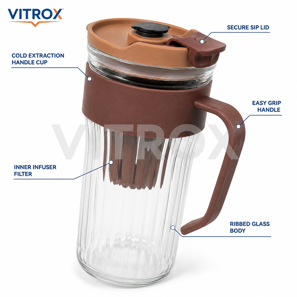 Vitrox Cold Extraction Handle Straw Cup – Brown 580 ML Ribbed Glass Infuser Cup with PP Lid | 12 Inch