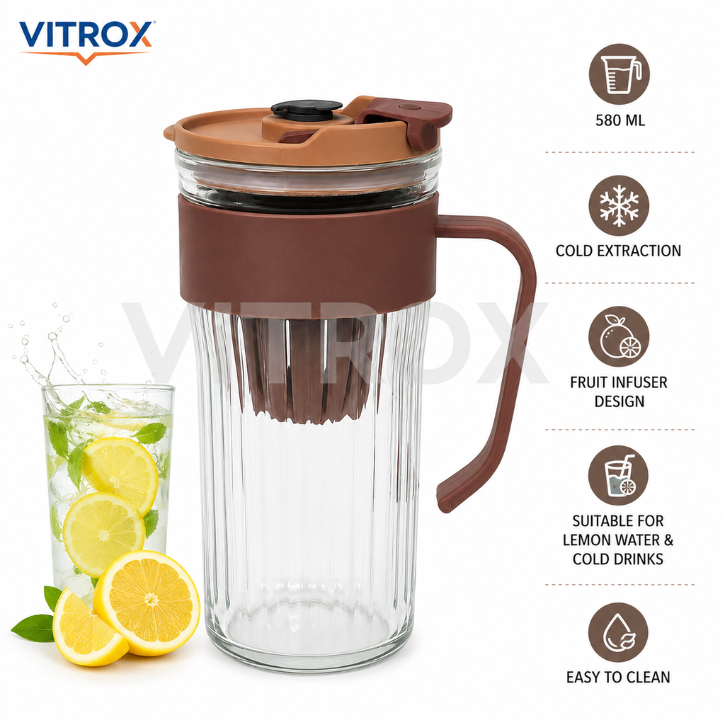 Vitrox Cold Extraction Handle Straw Cup – Brown 580 ML Ribbed Glass Infuser Cup with PP Lid | 12 Inch
