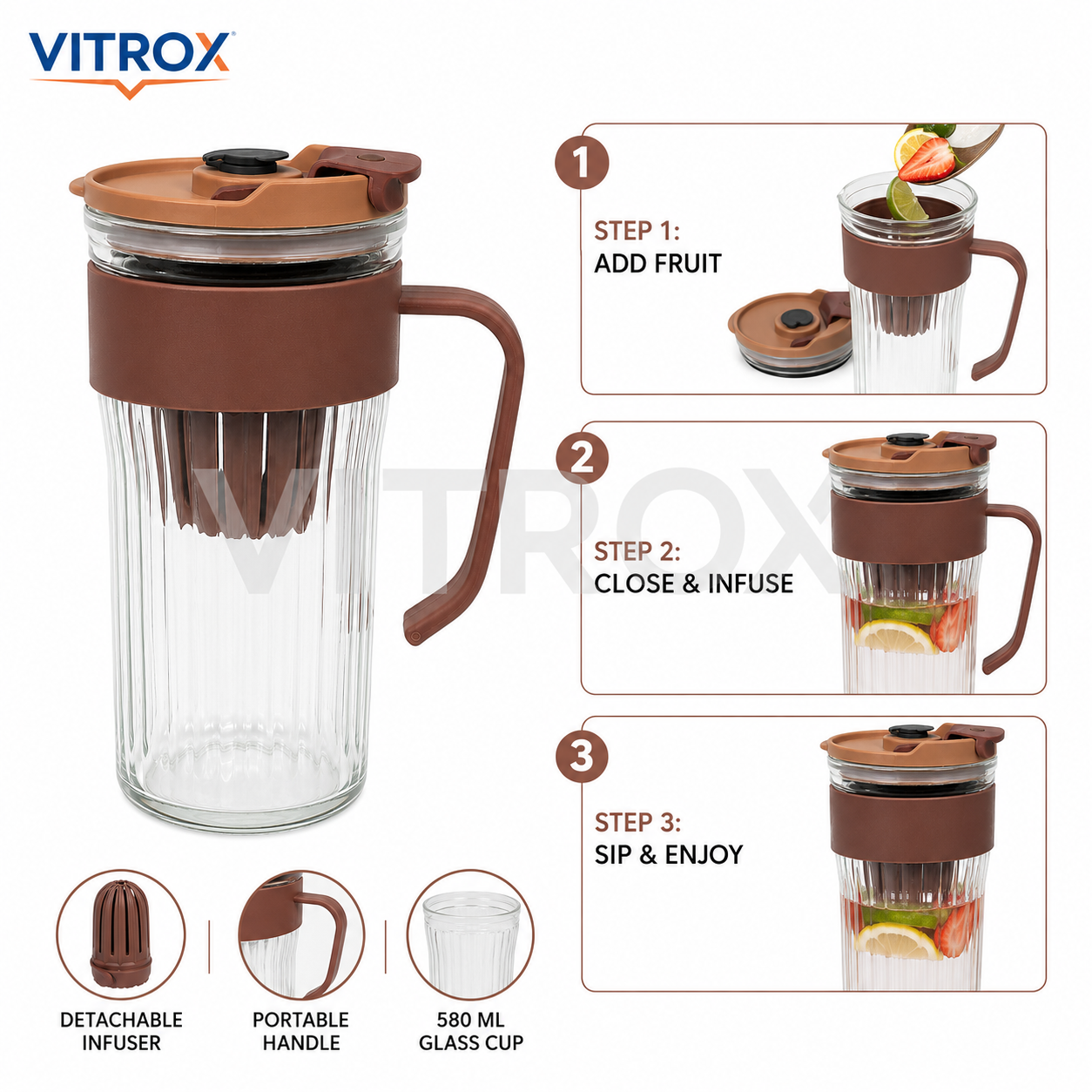 Vitrox Cold Extraction Handle Straw Cup – Brown 580 ML Ribbed Glass Infuser Cup with PP Lid | 12 Inch