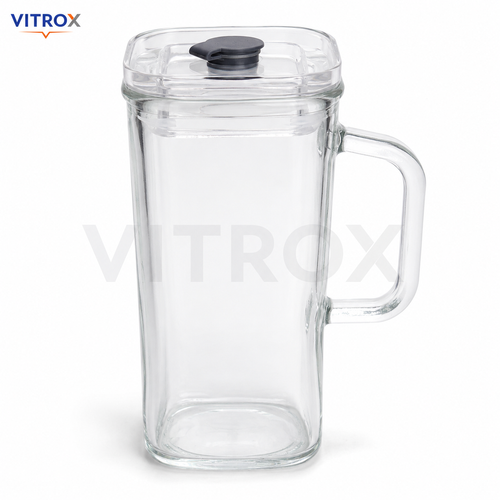 Vitrox Square Glass Handle Cup – Transparent 12 Inch Glass Mug with Lid & Sip Tab for Water, Juice & Cold Beverages