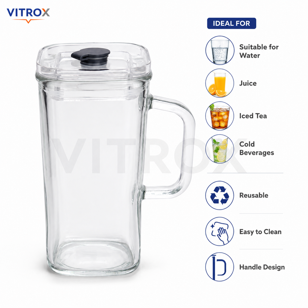 Vitrox Square Glass Handle Cup – Transparent 12 Inch Glass Mug with Lid & Sip Tab for Water, Juice & Cold Beverages