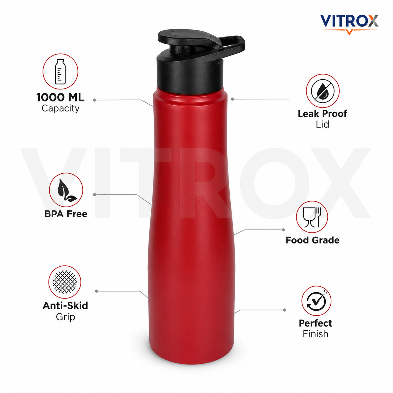 Red Water Bottle 1000 ML – Leak Proof BPA Free Reusable Stainless steel Bottle with Flip-Top Lid