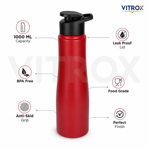 Red Water Bottle 1000 ML – Leak Proof BPA Free Reusable Stainless steel Bottle with Flip-Top Lid