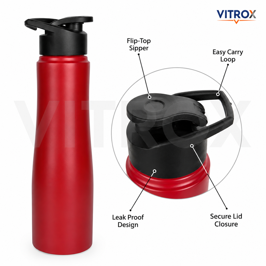 Red Water Bottle 1000 ML – Leak Proof BPA Free Reusable Stainless steel Bottle with Flip-Top Lid