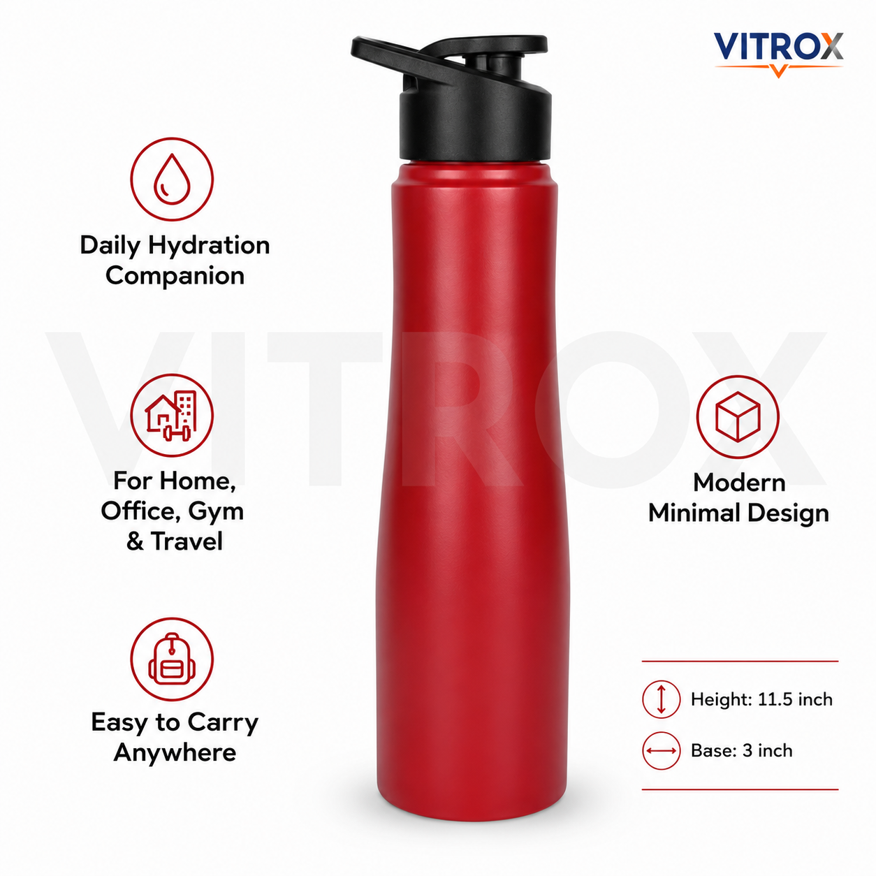 Red Water Bottle 1000 ML – Leak Proof BPA Free Reusable Stainless steel Bottle with Flip-Top Lid