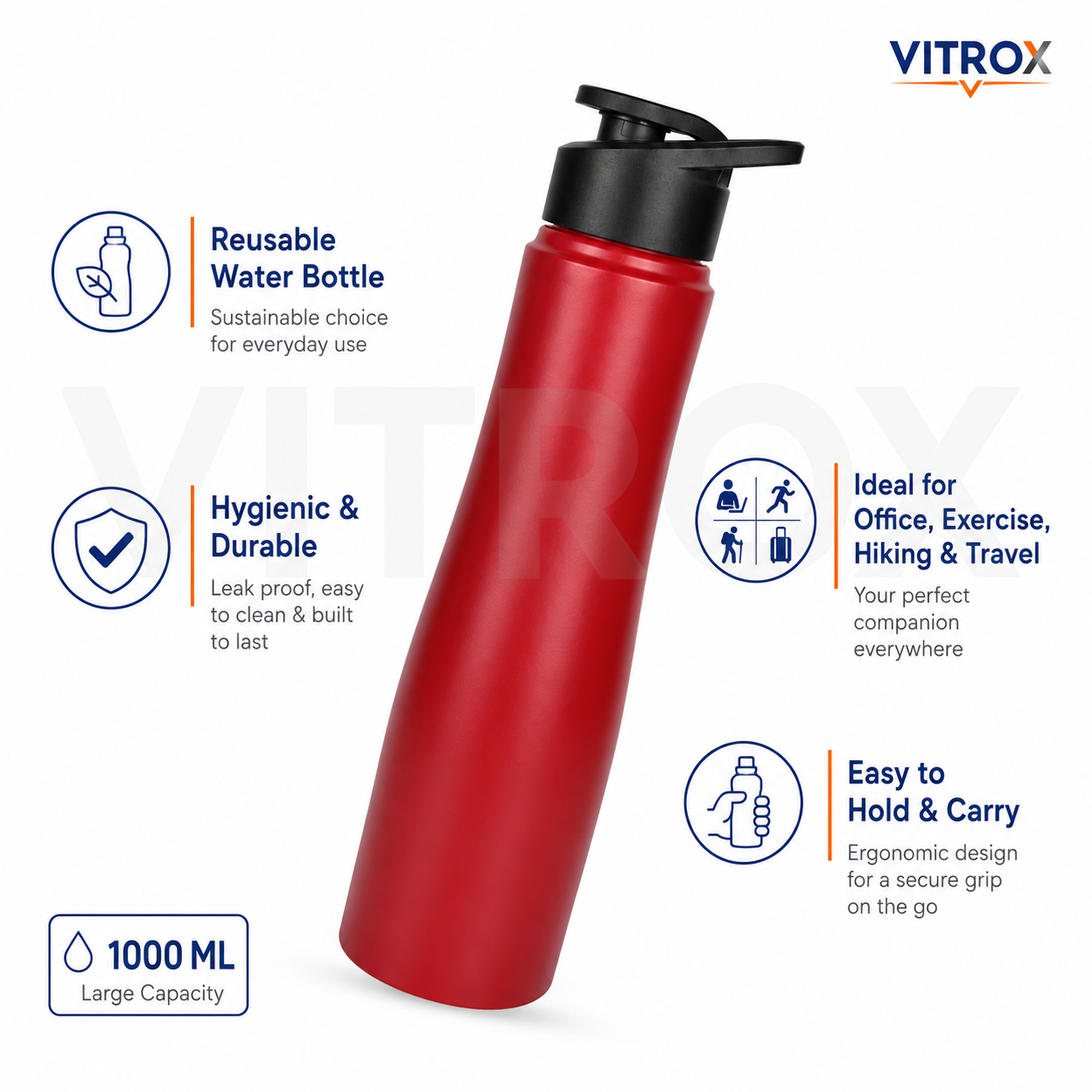 Red Water Bottle 1000 ML – Leak Proof BPA Free Reusable Stainless steel Bottle with Flip-Top Lid