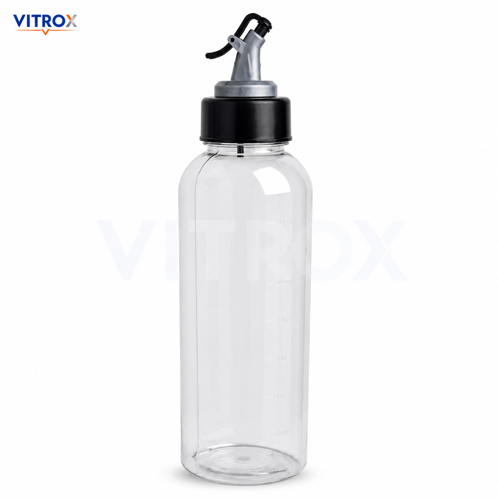 Vitrox Kitchen Oil Dispenser Bottle 1000ml – Transparent Oil Pourer with Nozzle Cap & Measurement Marking
